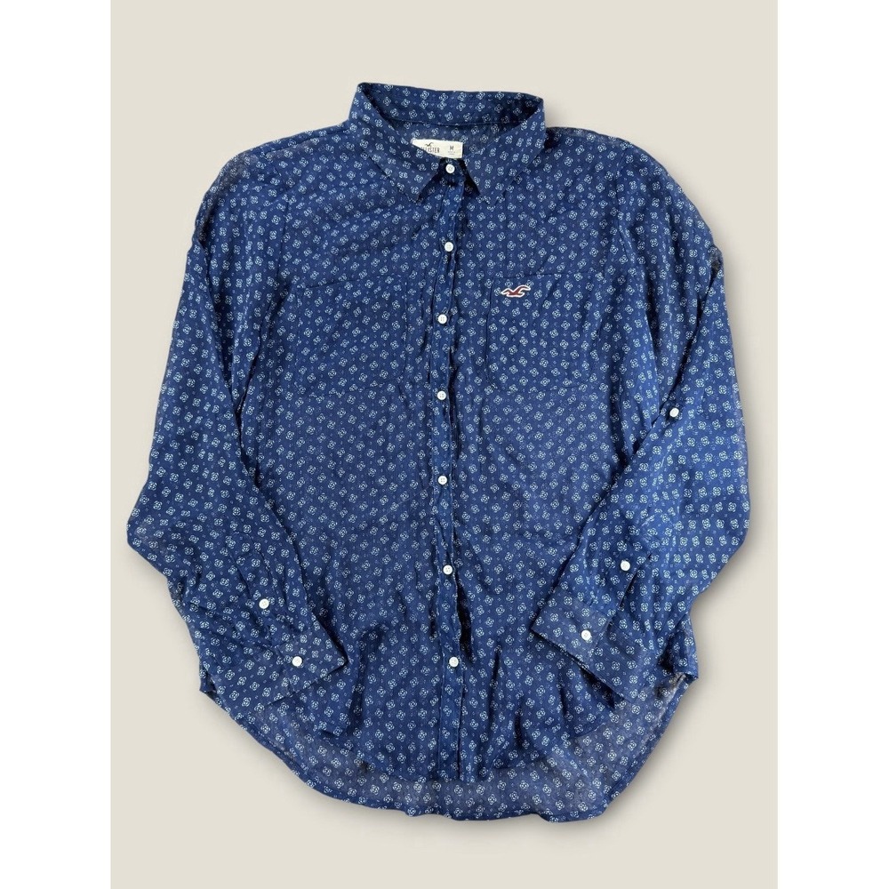 Hollister Shirt Womens M Blue Medallion Sheer Chiffon Roll Tab Button Down‎